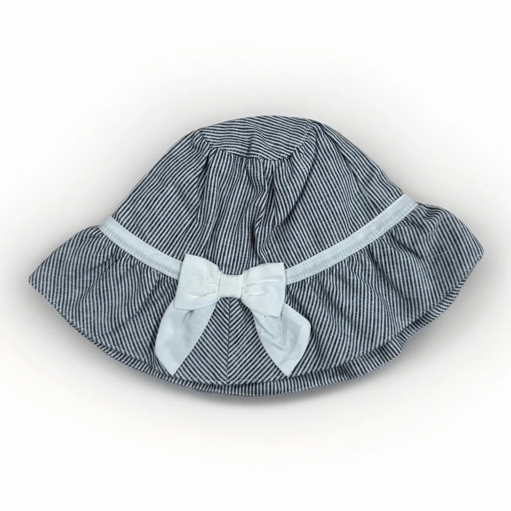 NEW Jack & Janie Bucket Hat‎ Kids 6-12 Months Blue Striped Linen Blend w/Bow